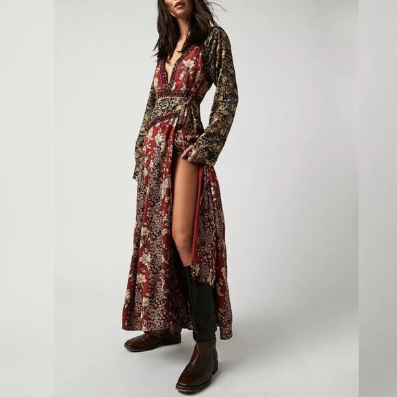 Free People Women’s Tilda Long Sleeve Red White Floral Printed Wrap Maxi Dress - Picture 1 of 12